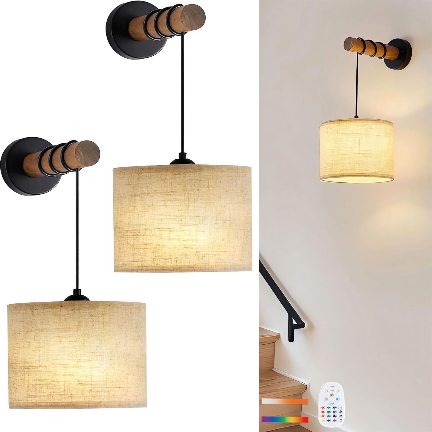 Yiridrme Battery Operated Wall Sconces Set of 2, Wireless Rechargeable Wall Light with Lampshade & Remote, Dimmable Wall Lamp for Bedroom, Living Room, Hallway