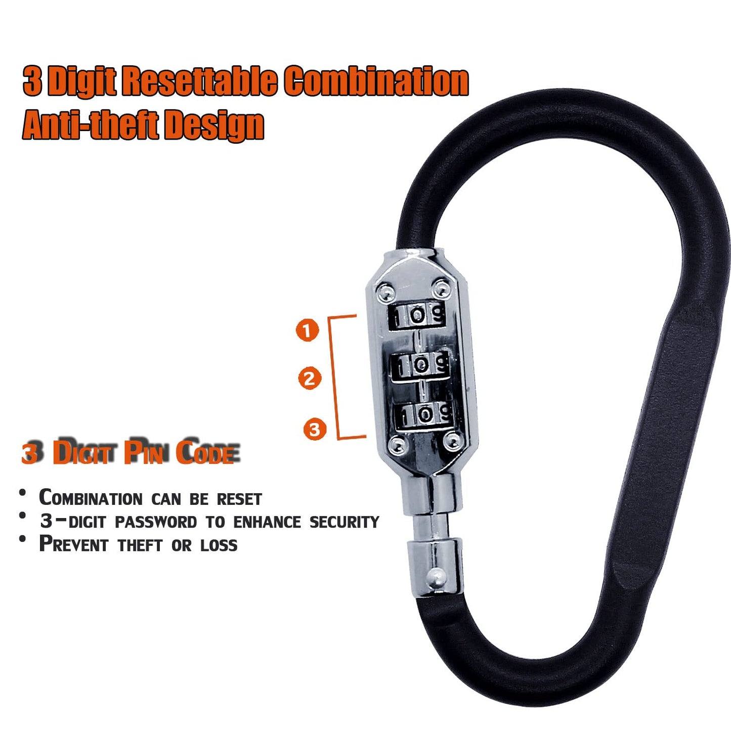 Combination Carabiner Clips,V-Resourcing Resettable 3 Dial Digit Combination Lock Carabiner Keychain,for Suitcase Luggage Travel Baggage Backpack (D Shaped, Large Size, Black, 2 Pack)