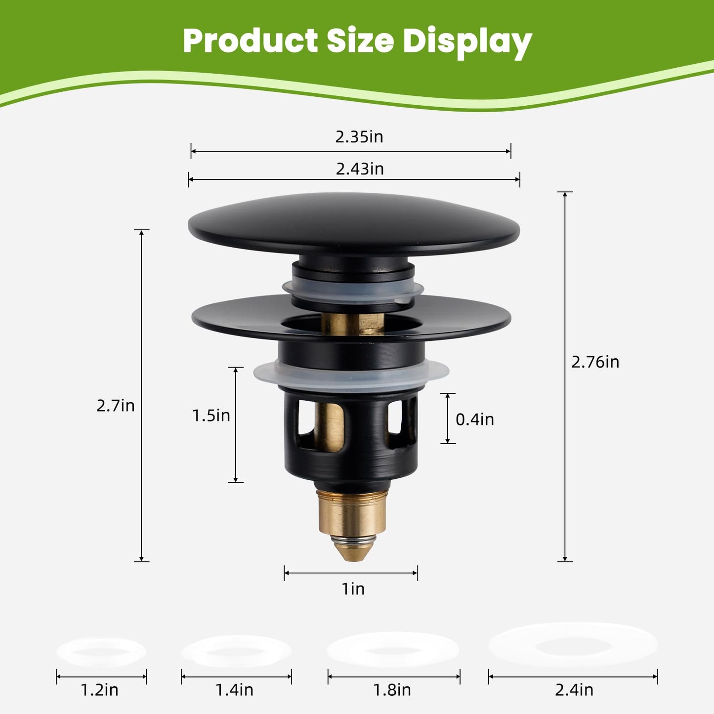 Universal Bathroom Sink Stopper 2 in 1 Pop Up Metal Sink Drain Strainer with Hair Catcher, Fit for 1.1~2.36" Sink Basin Hole, Not for Bathtub, Big Cover Cap, Anti-clog, Matte Black