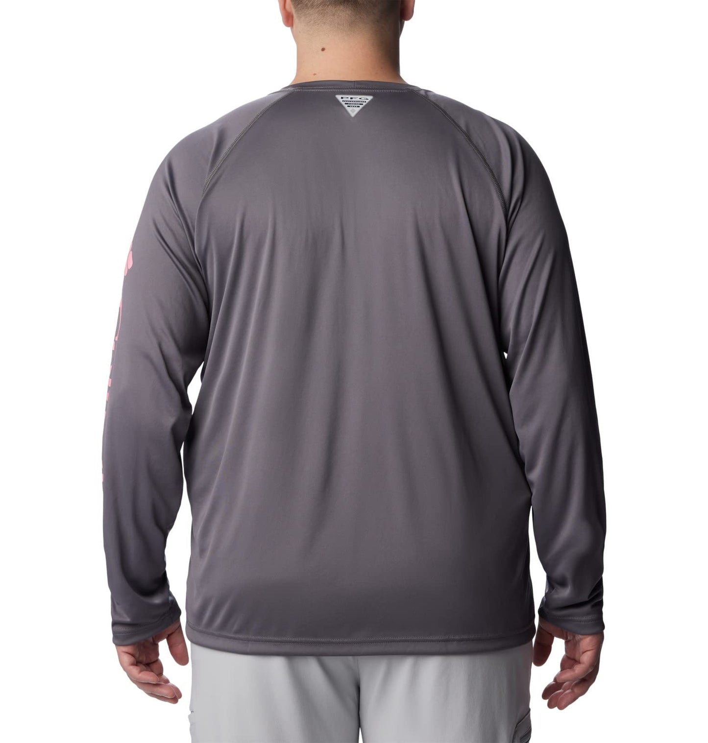 Columbia Men's Terminal Tackle Long Sleeve Shirt, City Grey/Pink Pop Logo, 5X Tall