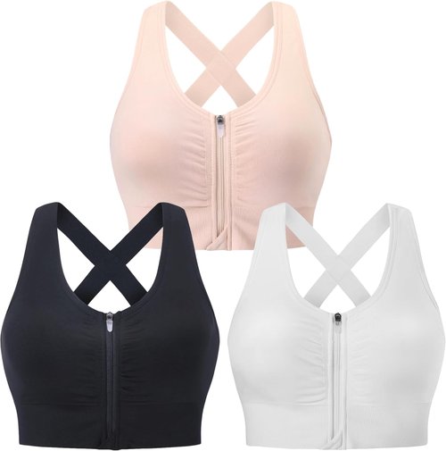 Evercute Wireless Sports Bra - Zip Front Design for Post-Surgery Comfort | Medium Support Yoga Bra