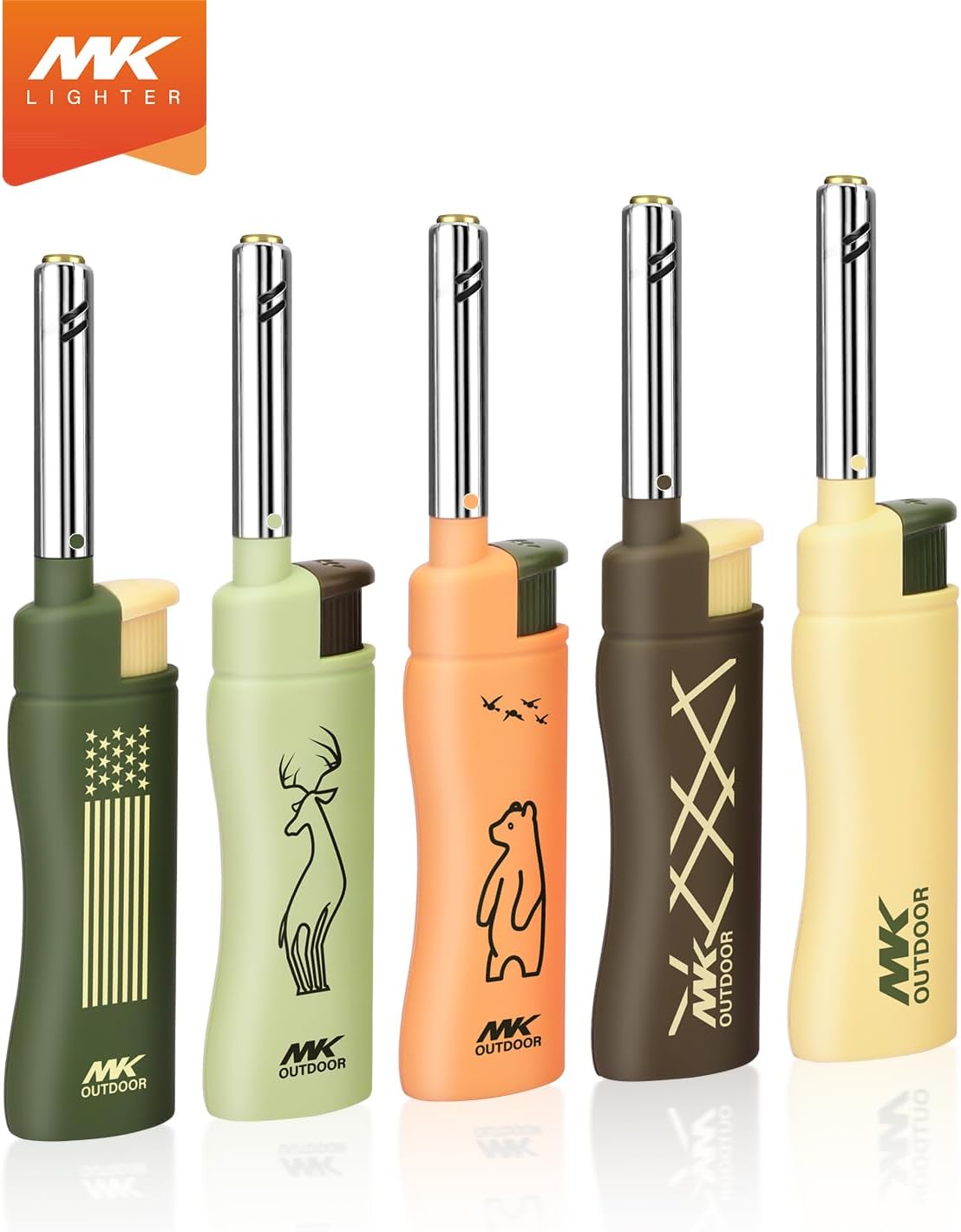 MK Lighter Outdoor Series - Windproof Torch Flame Candle Lighters | 5-Piece Set for BBQ & Camping