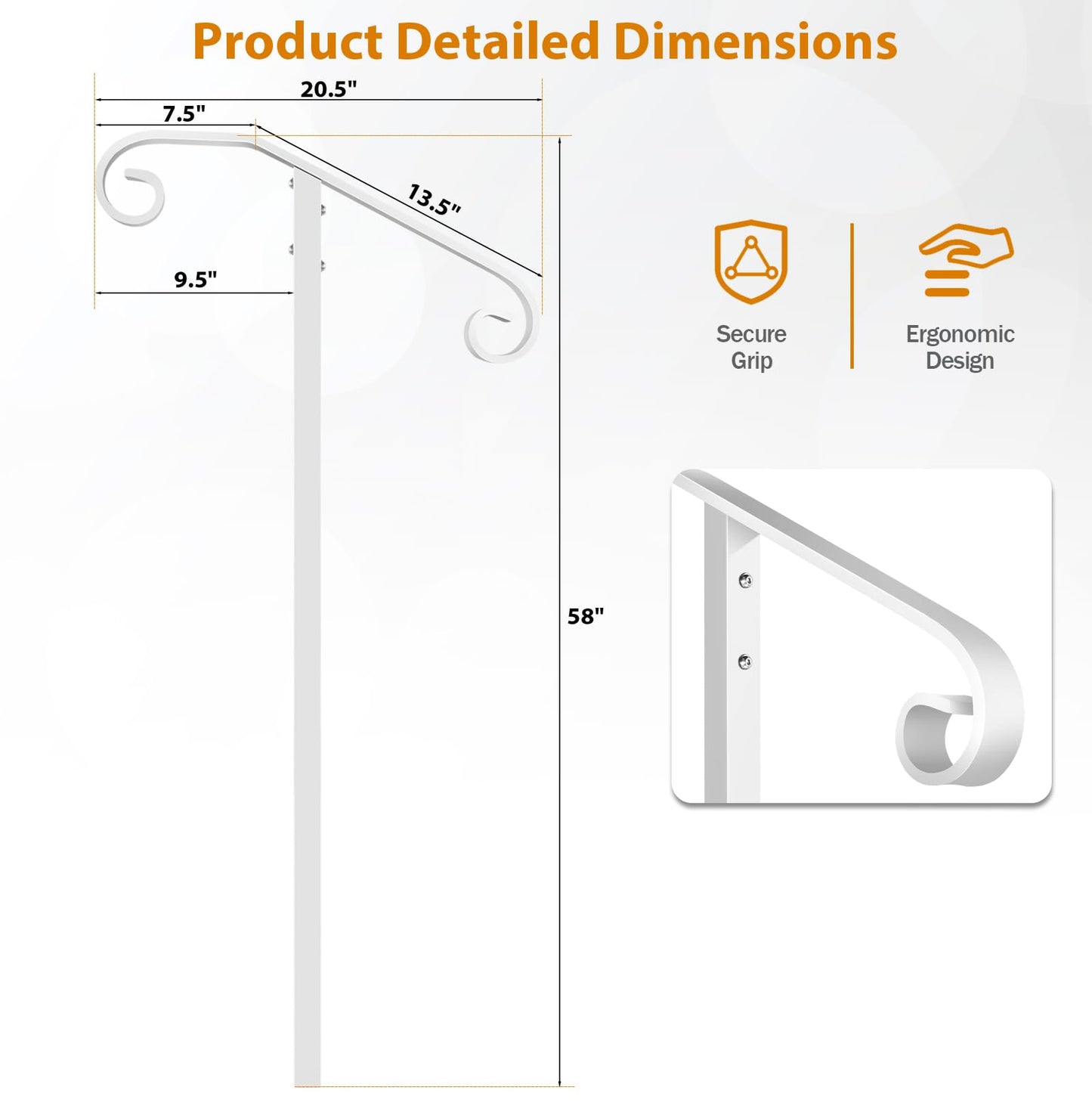 Zwinz Handrail Railing, In-Ground Single Post Handrail, Wrought Iron Stair Handrail Grab Rail for Steps Porch,Sturdy Outdoor Handrails, Long Post Fits 1 or 2 Steps, White
