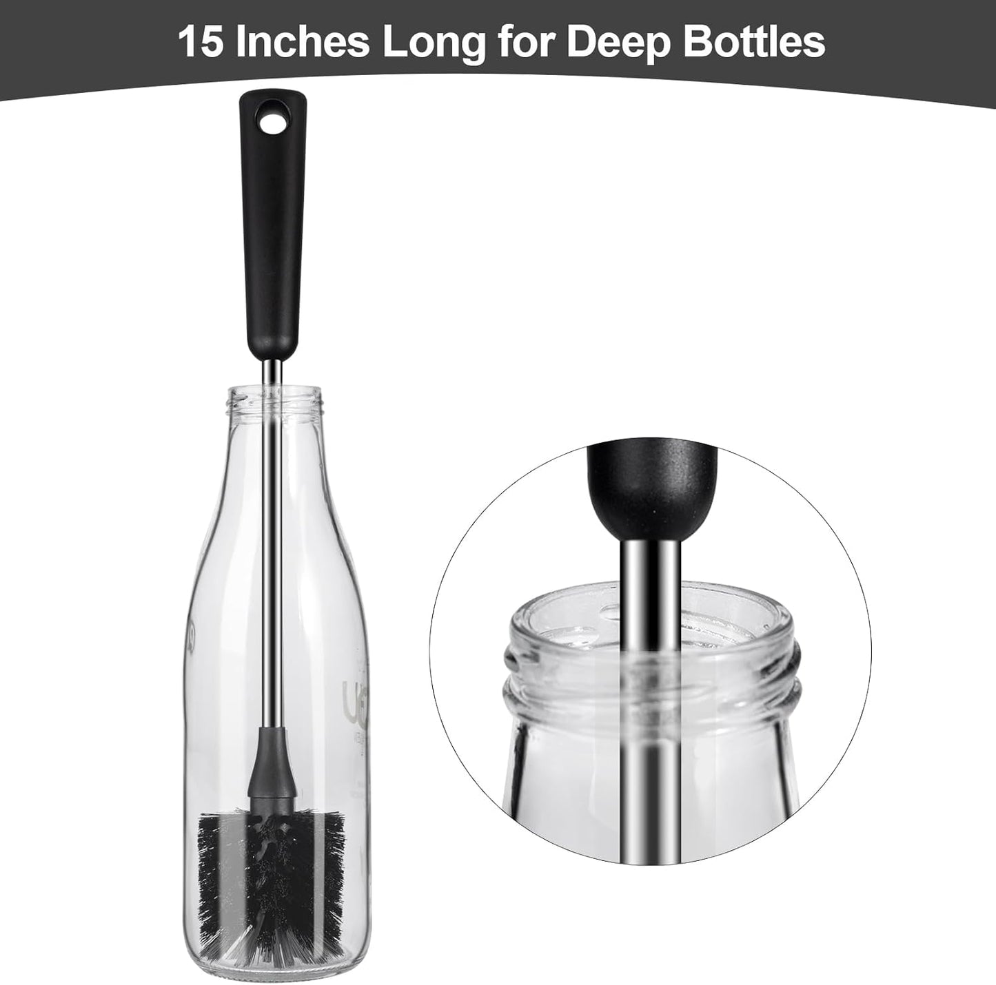 Skiennix Water Bottle Brush - 15-Inch Stainless Steel Handle Cleaner for Cups, Tumblers & Decanters - Black