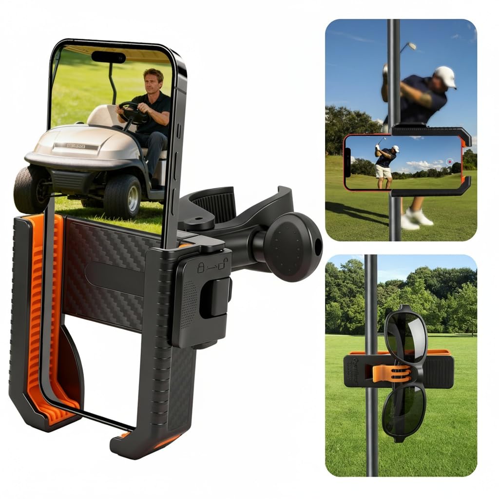 Loxnzify Golf Cart Phone Holder Mount-360° Rotation,Ultra-Stable Grip for All Phones, No Metal Needed,Includes Sunglasses Holder for Golf Cart,Perfect for Outdoor Sports (Black＆Orang)