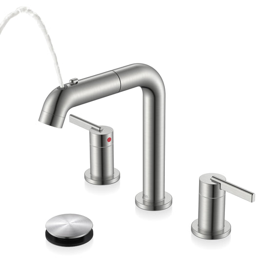 KENES Widespread Bathroom Faucet with Sprayer, Brushed Nickel Bathroom Sink Faucet with Pull Down Sprayer, 8 Inch 3 Hole Pull Out Bathroom Faucet with Pop Up Drain & Supply Lines LJ-9058A