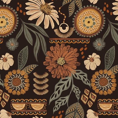 Boho Peel and Stick Wallpaper 17.3¡±¡¿120¡± Vintage Sun Floral Retro Removable Self Adhesive Wallpaper Flowers Bathroom Bedroom Kitchen Renter Friendly Wall Paper Botanical Mural Dark Countertop Paper