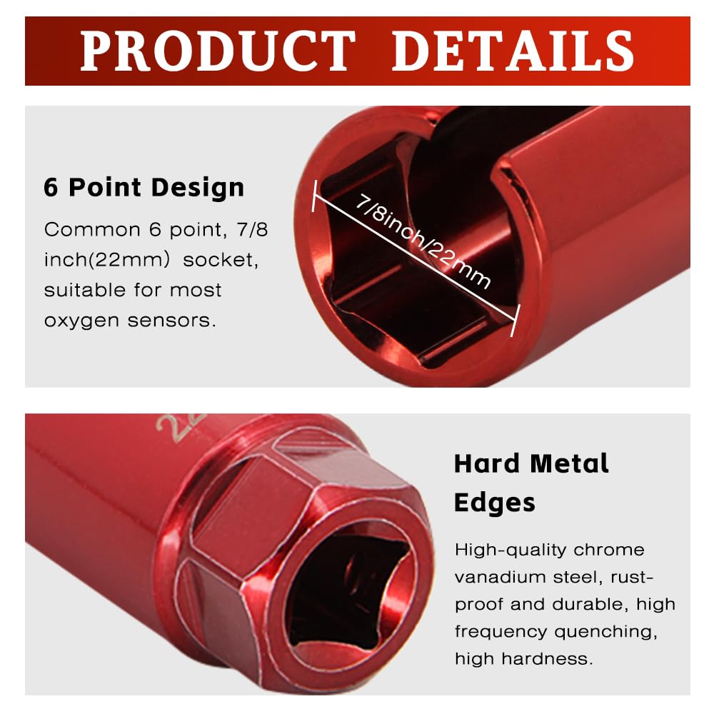 Apeixoto Oxygen Sensor Socket with Side Wire Cutout 1/2” Inch Drive x 7/8”(22mm) O2 sensor socket removal Tool for Vehicles (Red)