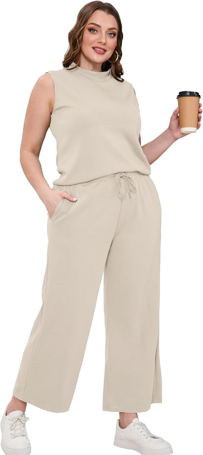 SAMPEEL Summer Two-Piece Sets for Women - Stylish Mock Neck Tops & Wide Leg Crop Pants