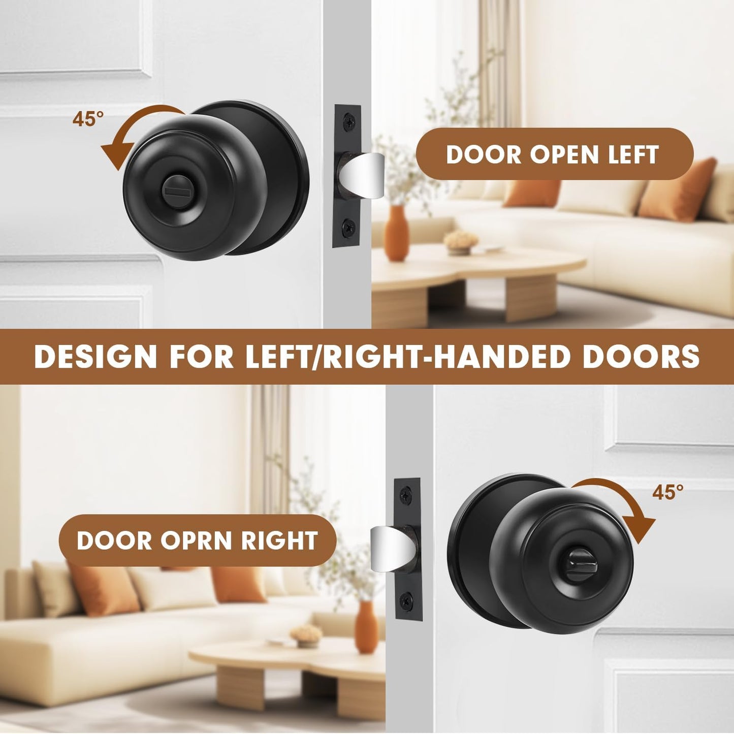 Matte Black Privacy Door Knobs - 8 Pack Keyless Locksets for Bed & Bath, Reversible