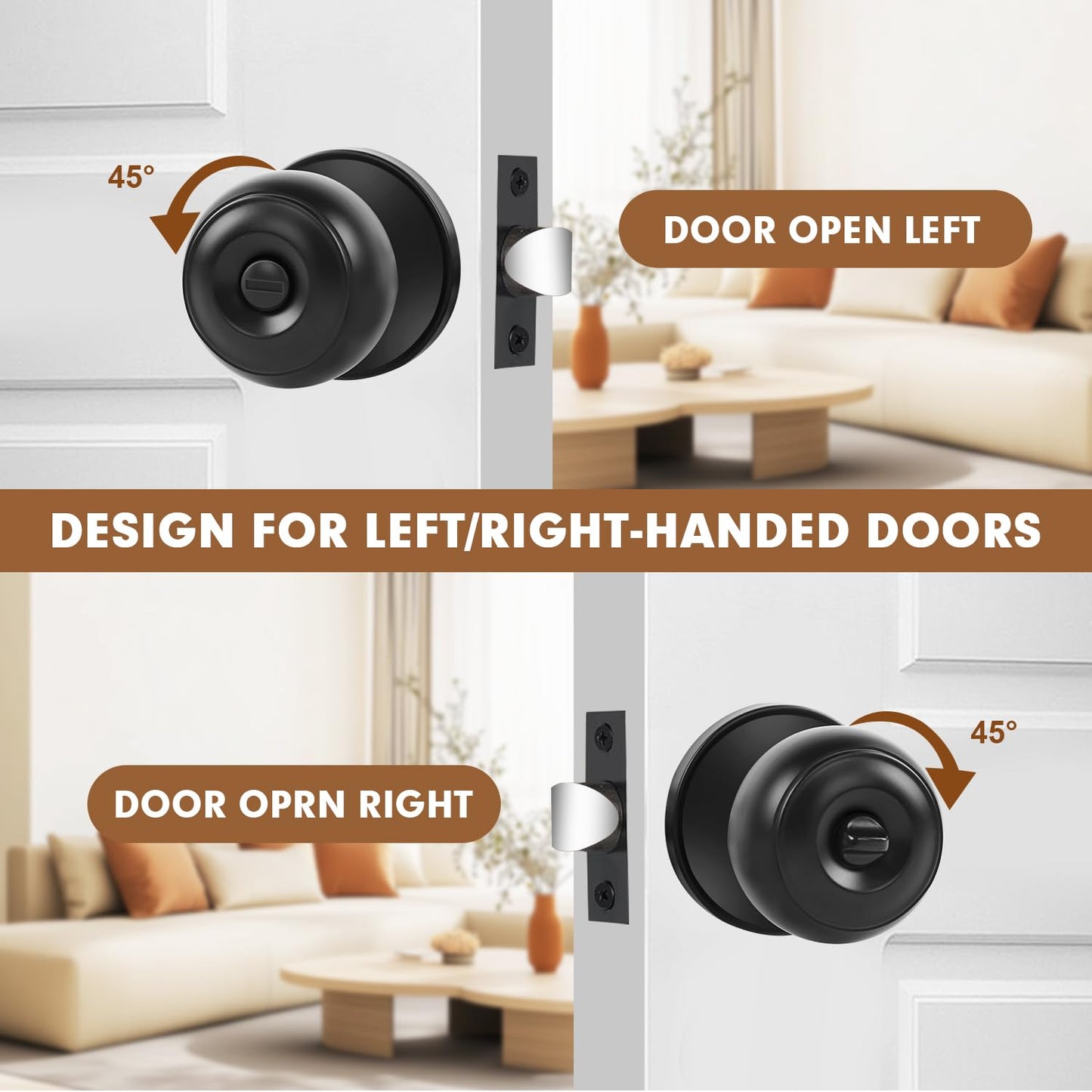 RAZCC Privacy Door Knobs, 1 Pack Matte Black Door Knobs with Lock, Bed and Bath Door Knob Interior Keyless Locksets, Round Door Handles Reversible for Left Right Handed Doors