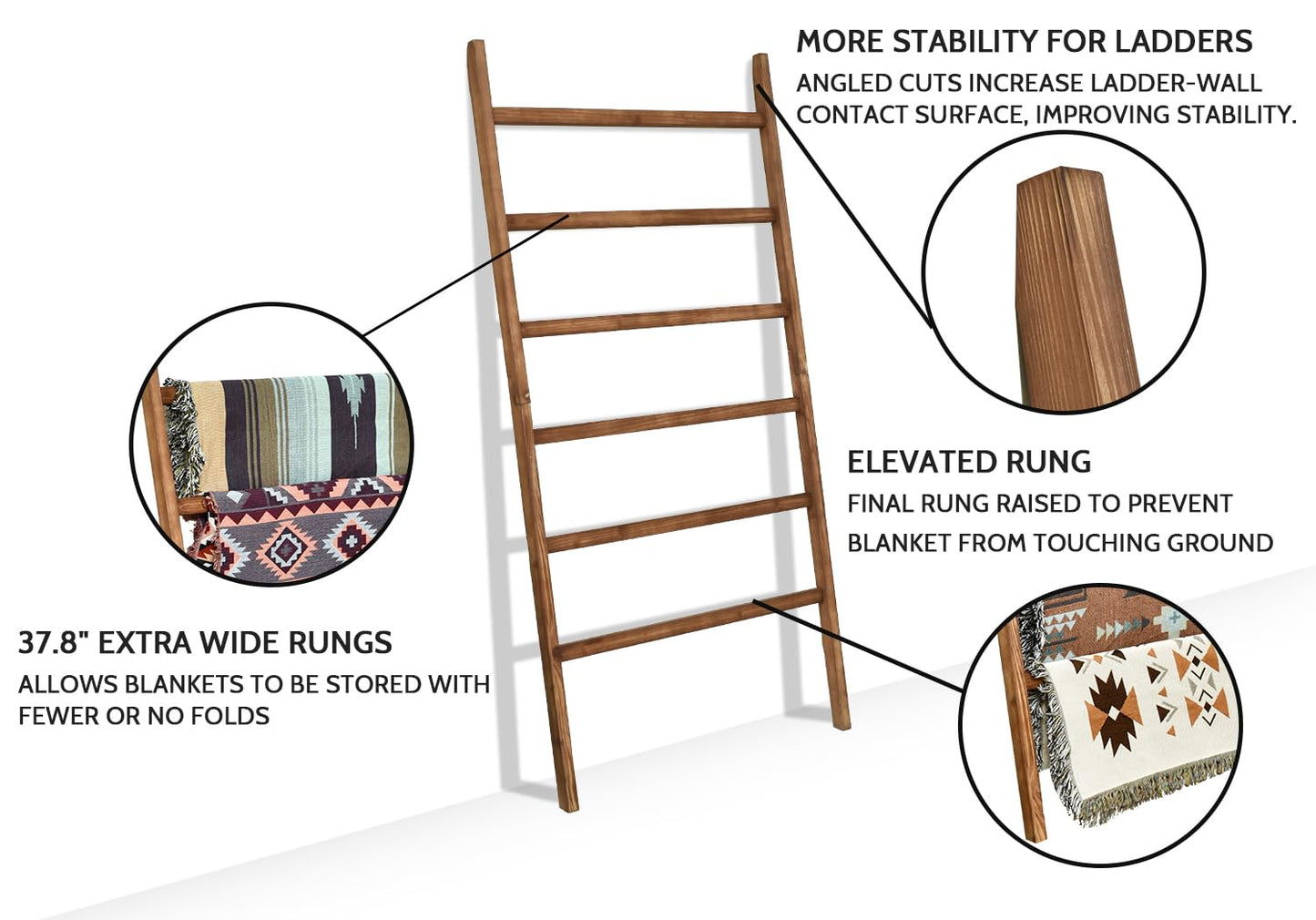 FUIN Extra Wide 6.4ft Wooden Blanket Ladder Living Room Decorative Wal Leaning Farmhouse Quilt Display Holder Rustic Wood Towel Rack for Bathroom, Brown, 38 inch Wide