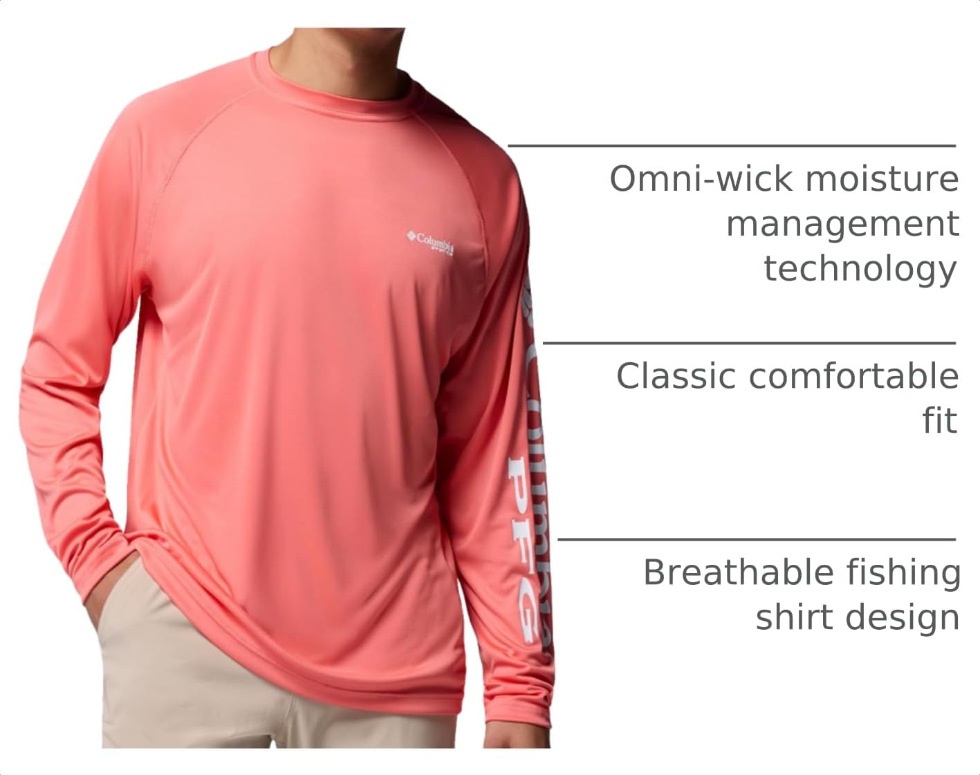 Columbia Men's PFG Terminal Tackle Long Sleeve Fishing Shirt, Melonade/White Logo, Large Tall