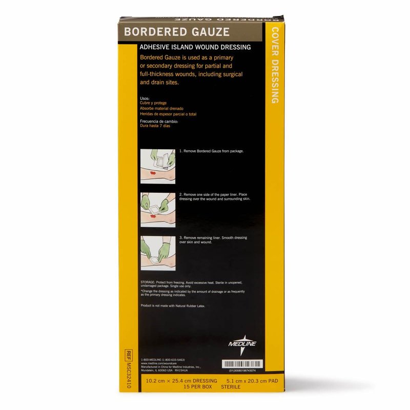 Medline Bordered Gauze, 4" x 10" Adhesive Island Wound Dressing, Sterile, 15 Count