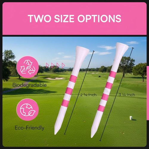Double-D Golf Bamboo Golf Tees Supporting Breast Cancer Research | 10% Profit Donation | Two Size Options (2 3/4" & 3 1/4") | Striped Pink and White | Biodegradable & Eco-Friendly