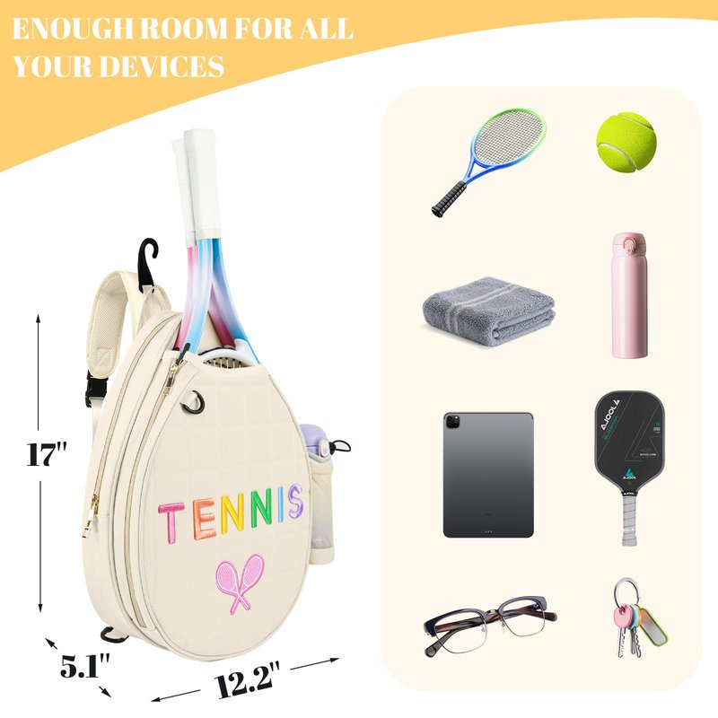 NZNDB Tennis Bags for Women Girl, Tennis Sling Crossbody Backpack, Water Resistant Tennis Bag for Pickleball, Tennis, Racketball (White)