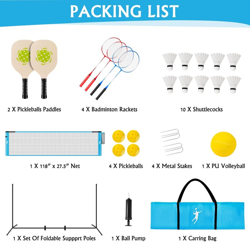 Pickleball Badminton Net Set for Backyards, All-in-One Portable Volleyball Combo Set with Adjustable Net, Volleyball Pickleball Paddles & Badminton Rackets for Indoor Outdoor