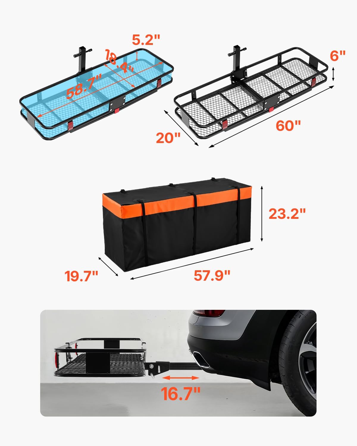 VEVOR Hitch Cargo Carrier - 500 lbs Capacity with Waterproof Cargo Bag & Net | 60"x20"x6" Folding Design for SUVs