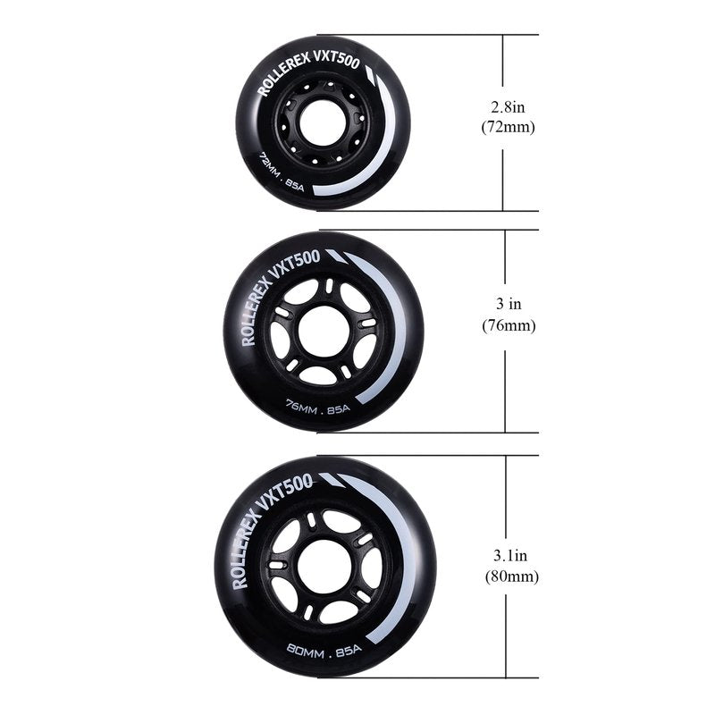 Rollerex VXT500 Inline Skate Wheels 8-Pack - 85A Durable Roller Blade Wheels for Indoor & Outdoor Skating - Fits Standard 608 Bearings (Steel Black, 76mm)
