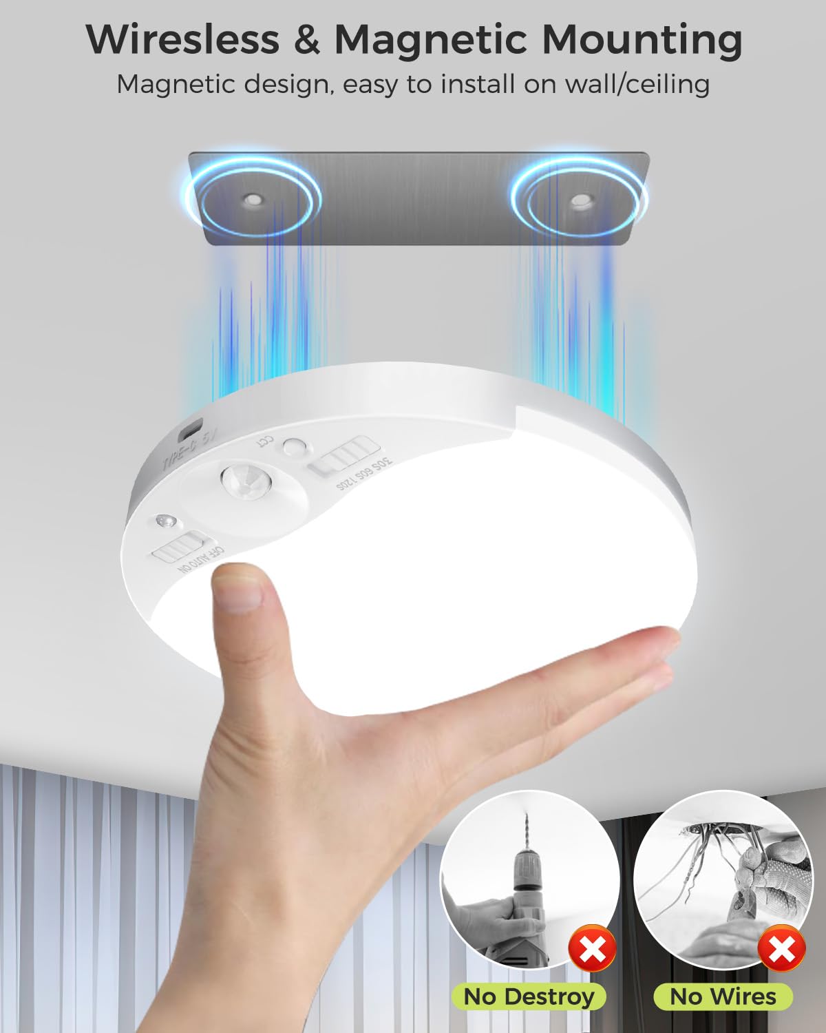 Rechargeable Motion Sensor Ceiling Light with Remote, 3000K/4000K/6500K, Magnetic Wireless Ceiling Light Battery Powered, Dimmable, Timer, Motion Activated, for Closet Shower Hallway Pantry, 1Pack