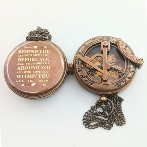 Behind You Engraved Brass Compass Gift for Men - Handcrafted Vintage Brass Sundial Compass – Antique Nautical Sun Clock with Leather Case - Best Graduation Gift - Best College Graduation Gift