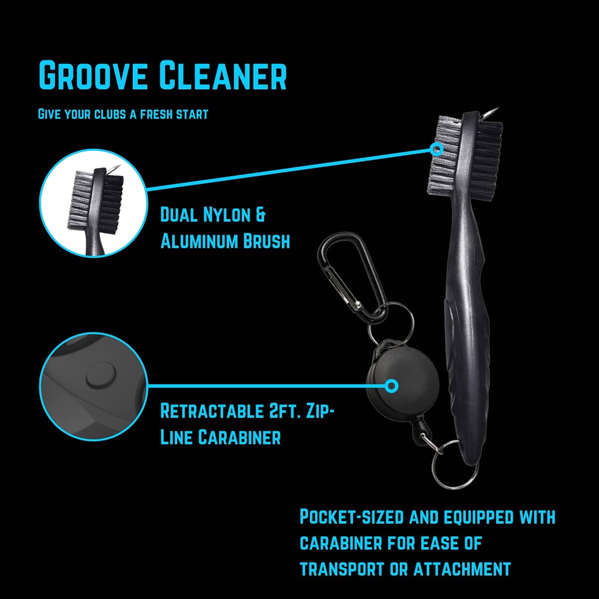 NuRich Tiger Golf Club Groove Brush Cleaner - Lightweight Dual Bristle Tool with Retractable Carabiner