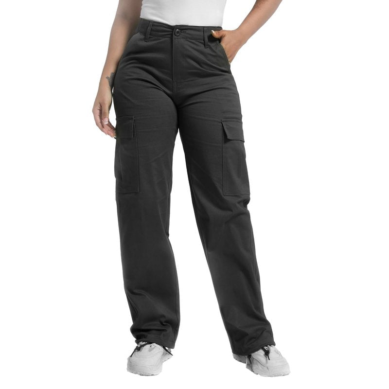 Soulsfeng Womens Black Baggy Cargo Pants Relaxed Fit Straight Wide Leg Cotton Hiking Pants Size 4