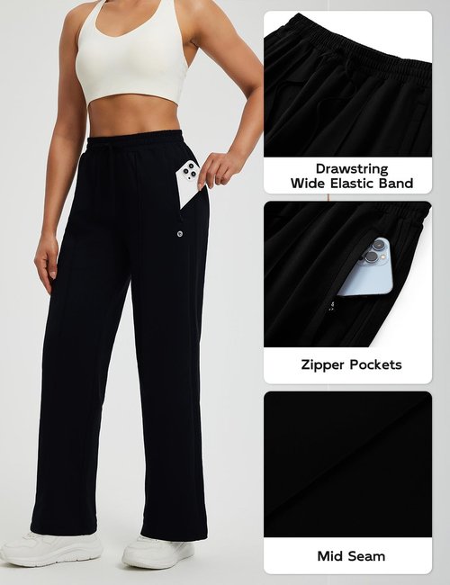 baleaf Women's Fleece Lined Pants Wide Leg Track Pants with Zipper Pockets Loose Fit Straight Leg Pull-on Pants Drawstring Black M