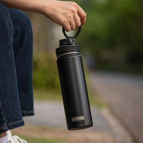 Koodee Insulated Water Bottle - 18 oz Stainless Steel Double Wall Vacuum with Leakproof Spout Lid | Black