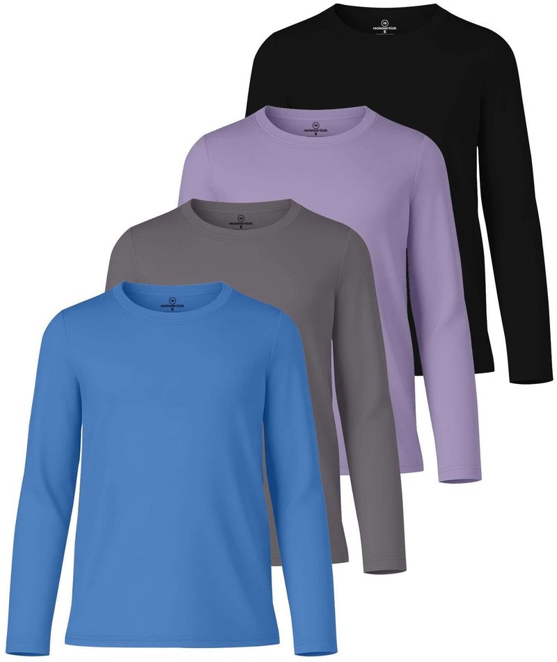 Real Essentials 4 Pack: Girls' Dry-Fit Long Sleeve Crew Neck T-Shirt - Athletic Activewear Soccer Top for Teens Kids Youth - Set 10, M (10-12)