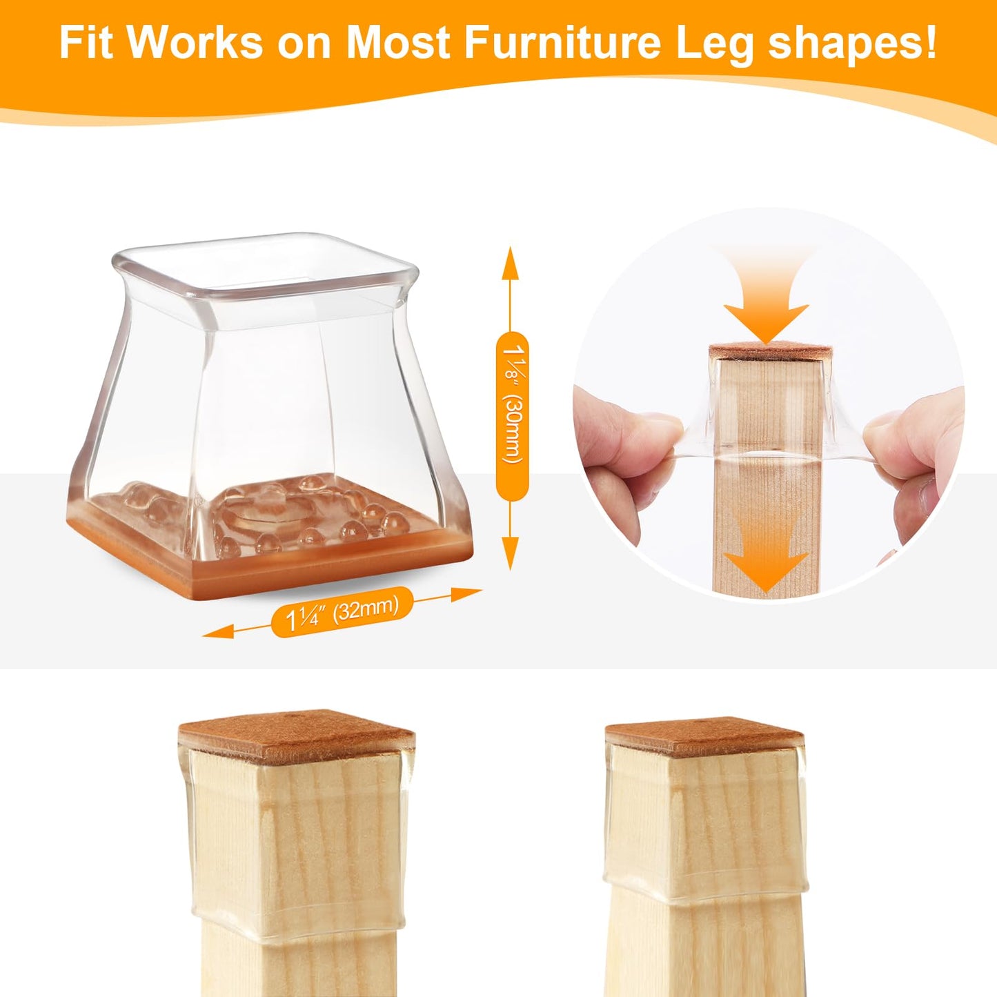 CHUNZEXI 16 Pack Square Chair Leg Floor Protectors for Hardwood Floors, Silicone Felt Covers Pads Caps, Protect Wood Furniture Feet Floors Noise Reduce and Scratch (Square Small & Clear)