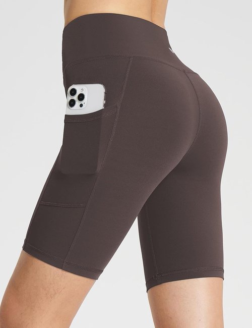 Baleaf Women's High-Waisted Spandex Biker Shorts - 8" Compression with Pockets in Brown, XXXL