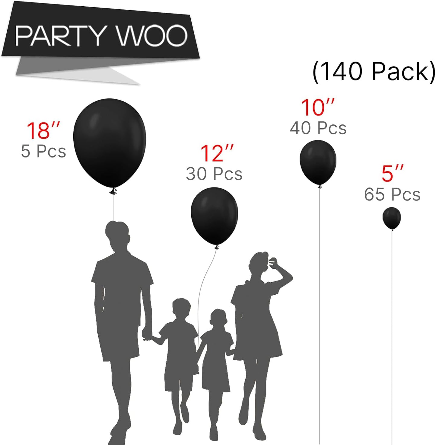 PartyWoo Black Balloons - 140-Piece Arch Kit with Various Sizes for Baby Showers, Birthdays & Anniversaries