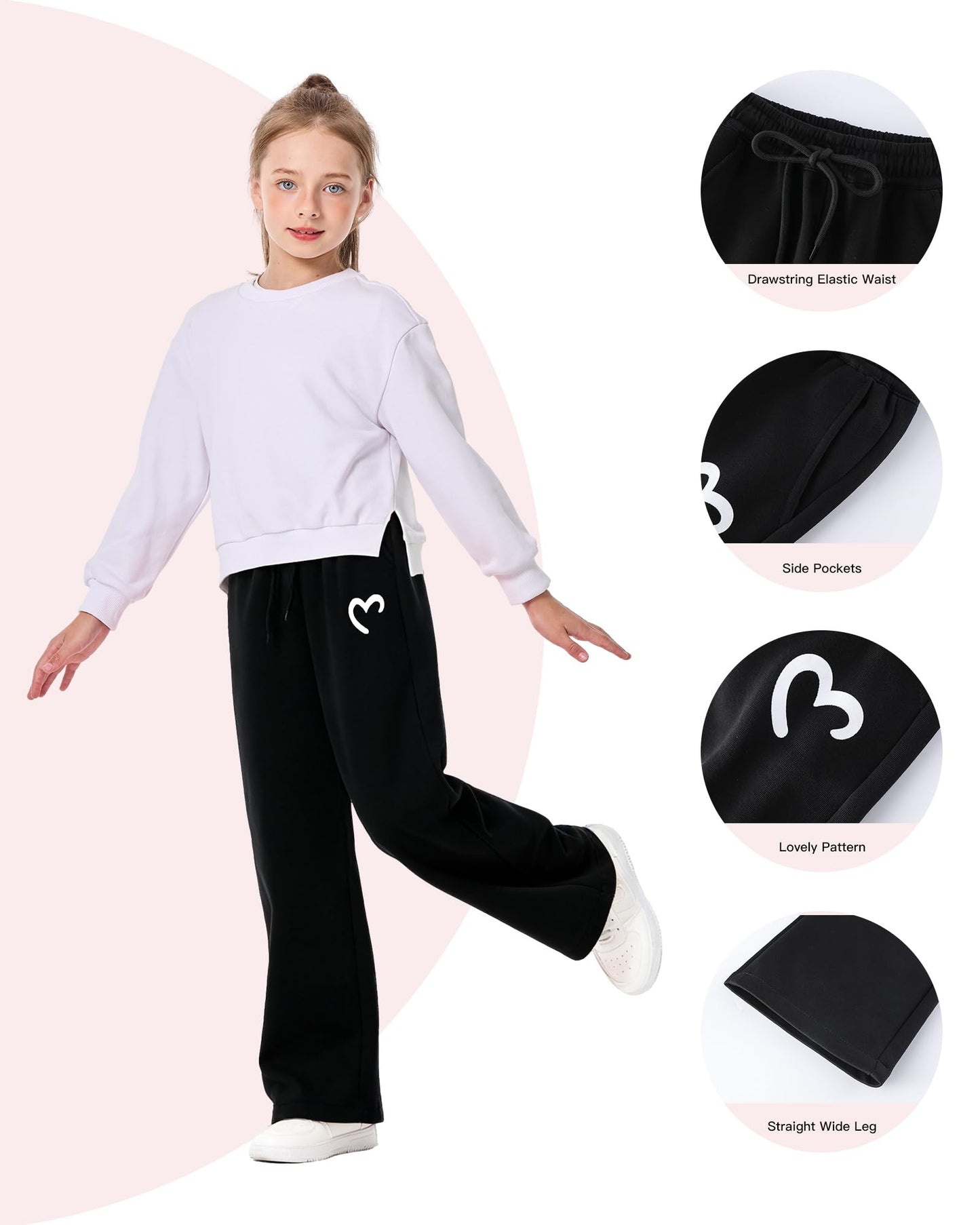Hvididan Girls Wide Leg Sweatpants Drawstring High Waist Baggy Track Pants Cute Print Sweatpants with Pockets for Teen 5-14Y, Size 11-12 Years Black