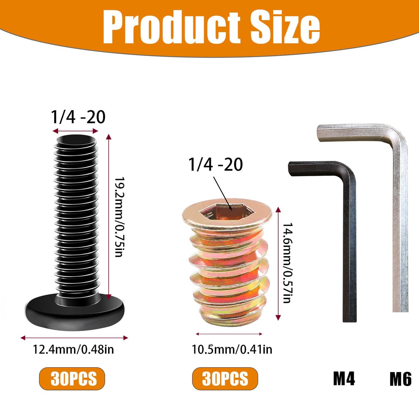 Taiss 30 Sets 1/4-20 x 3/4" Furniture Screw Nut Threaded Inserts for Wood,1/4-20 x 19/32" Nut Threaded Wood Inserts Bolt Fastener Connector Hex Socket Drive Screw-in Nuts with Hex Spanner