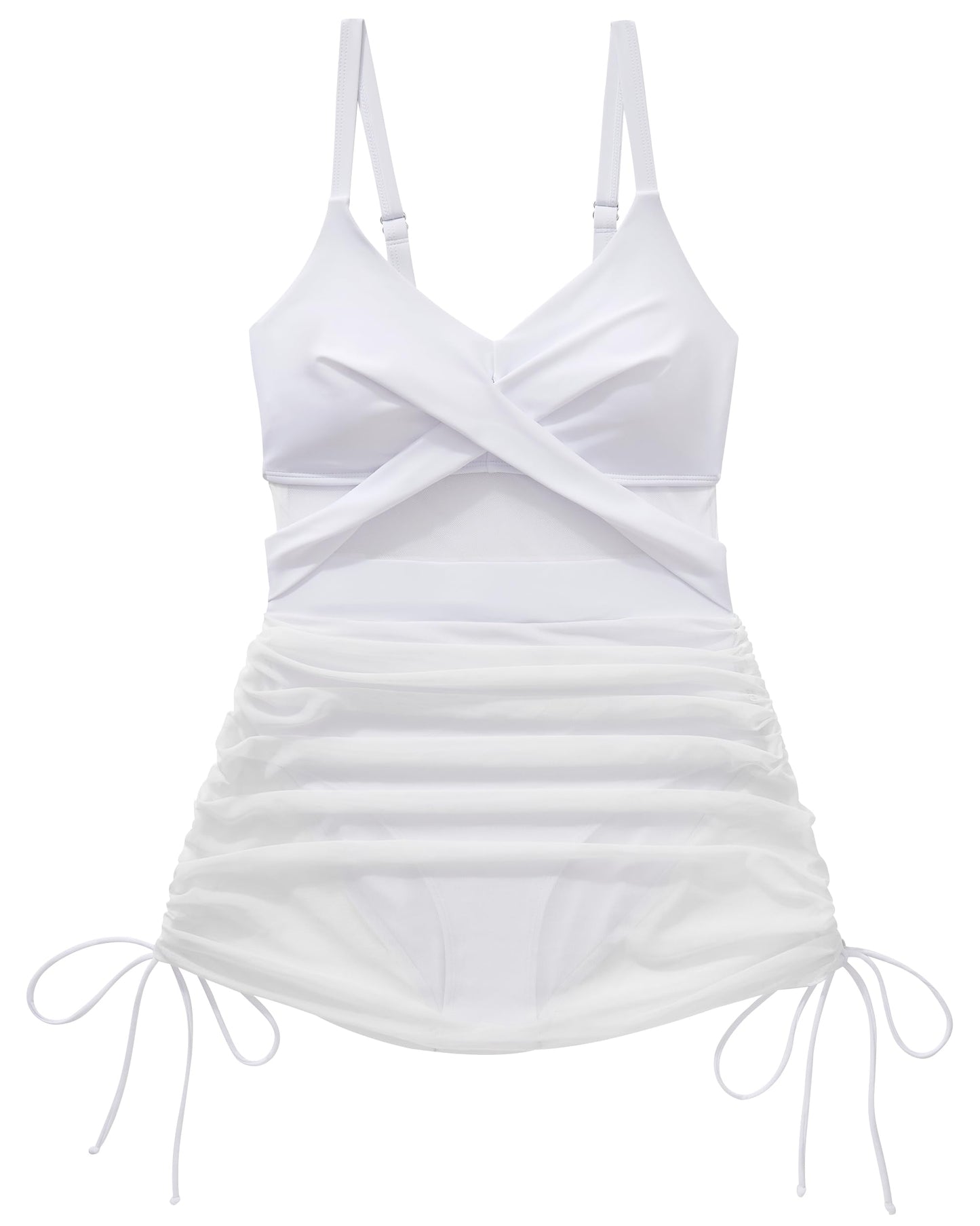 SUUKSESS Women One Piece Swim Dress Tummy Control Swimsuit Sexy Mesh High Waisted Bathing Suit Wrap Push Up Swimwear (White,L)