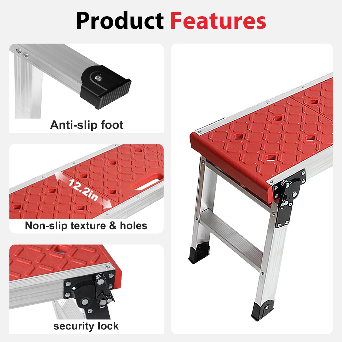 LEADALLWAY Folding Work Platform with Anti-Slip Feet Cover, Practical Step Ladder for Home Garage, Maximum Load 330lbs, Red