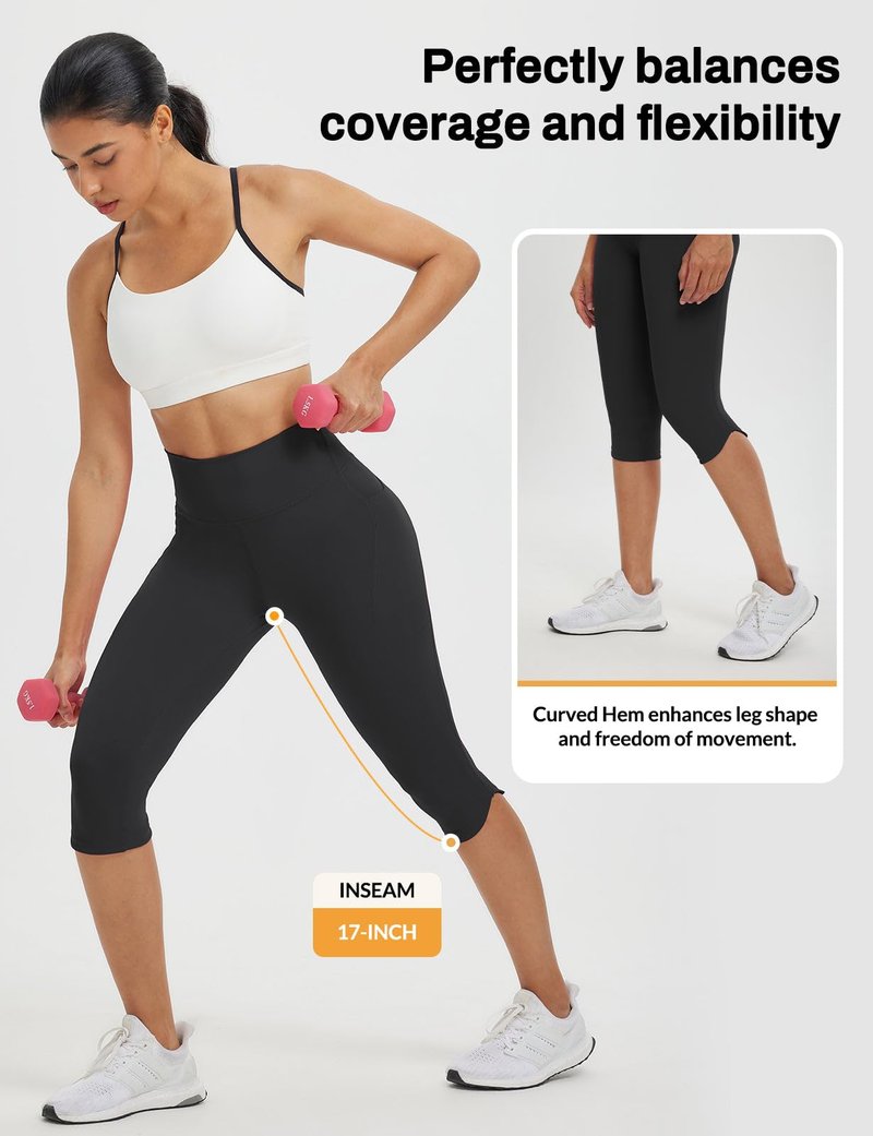 baleaf Womens High Waisted Capri Leggings with Pockets Tummy Control Yoga Gym Pants Black L