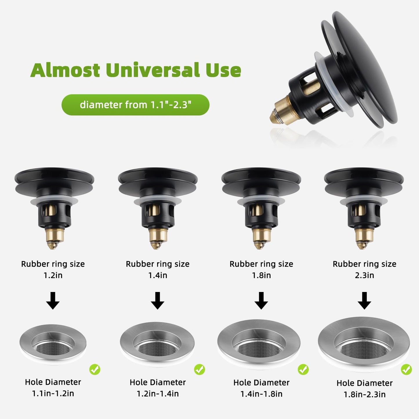 Universal Bathroom Sink Stopper 2 in 1 Pop Up Metal Sink Drain Strainer with Hair Catcher, Fit for 1.1~2.36" Sink Basin Hole, Not for Bathtub, Big Cover Cap, Anti-clog, Matte Black