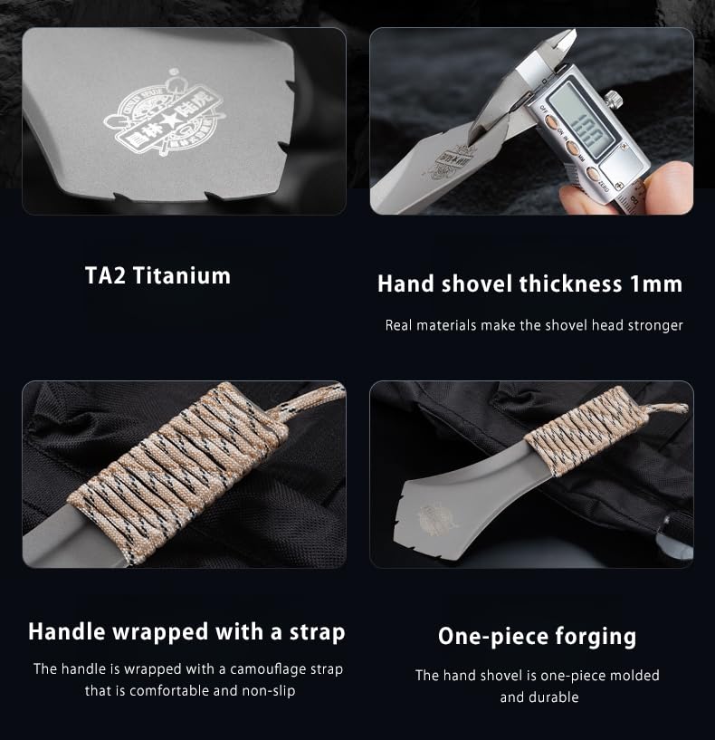 Tioneer Ultralight Backpacking Trowel TA2 Titanium Hand Camping Shovel Garden Trowel Small Potty Multitool with Anti-Slip Hand Rope for Outdoor Hiking Camping