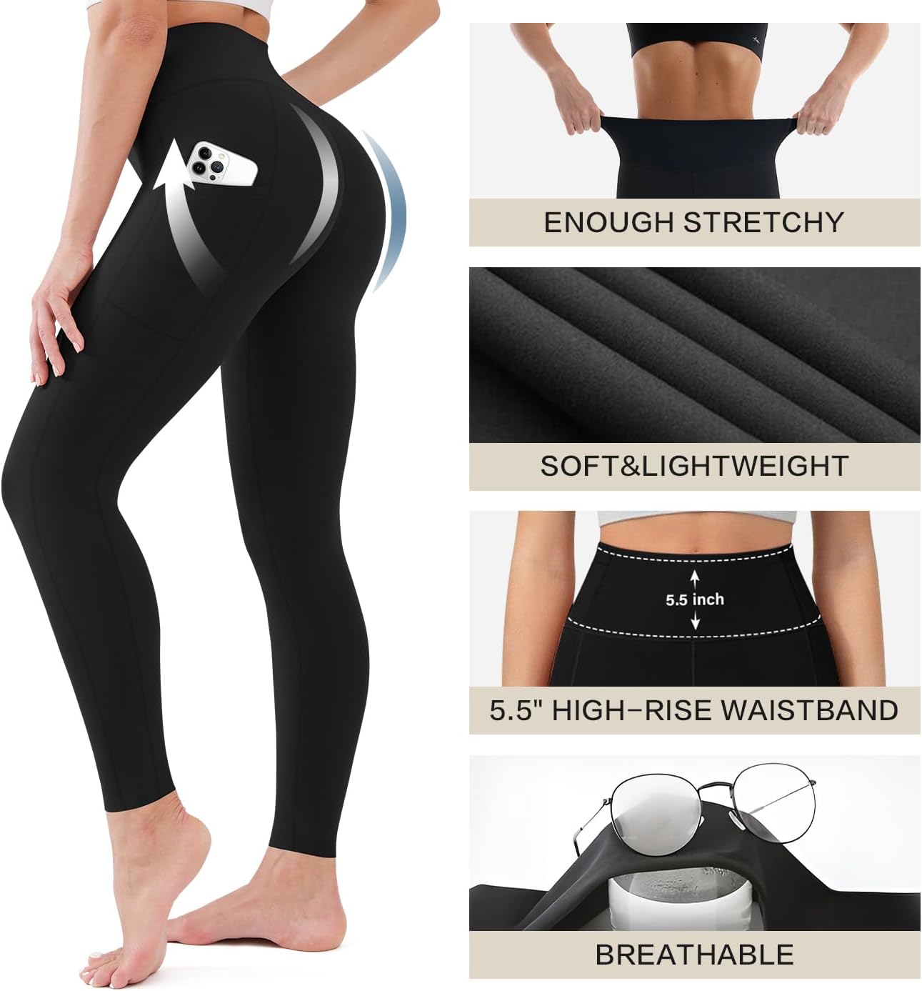 Blisset High Waisted Leggings for Women - Soft Active Tummy Control with Pockets | 3 Pack for Yoga & Daily Wear