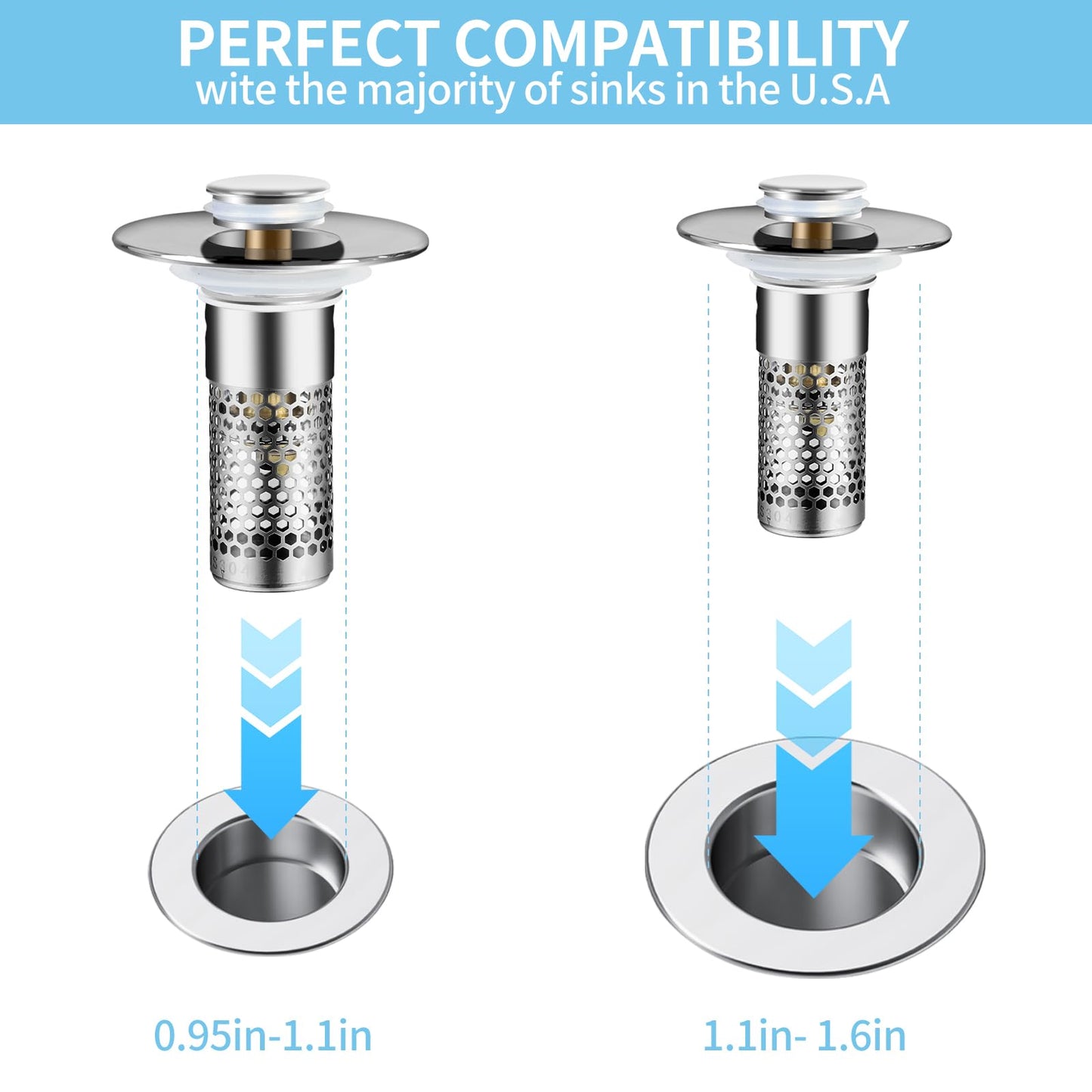 2 Pcs Universal 2-in-1 Sink Stop&Drain Strainer-Upgraded Pop-Up Design Sink Drain Plug Strainer with Stainless Steel Anti-Pooling Basket and Cleaning Brush for U.S. 1.1-1.6 Inch Drain Holes