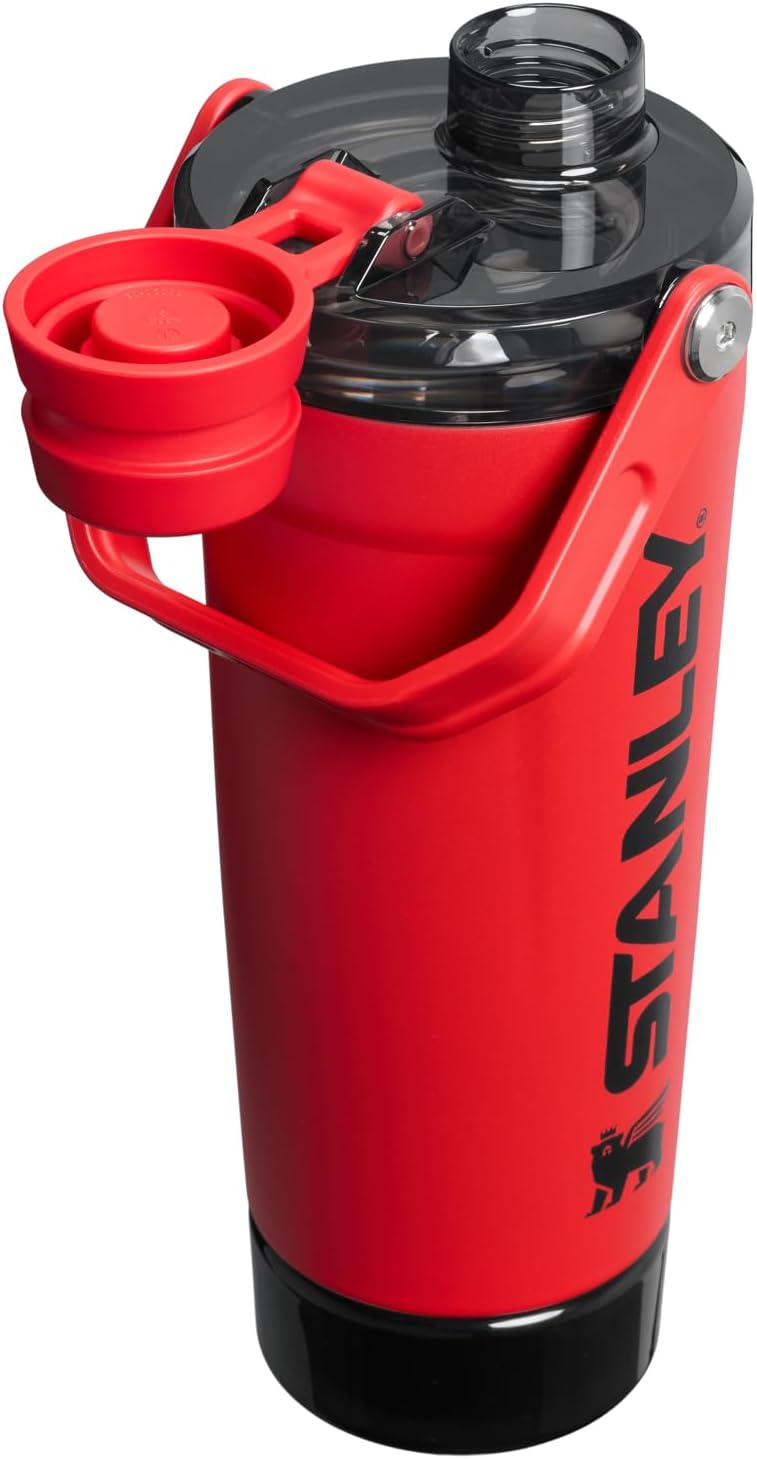 STANLEY Vitalize Shaker Bottle 20 oz - Leakproof Insulated Stainless Steel | Base Storage & Fast Flow Lid | BPA-Free | Chili Black