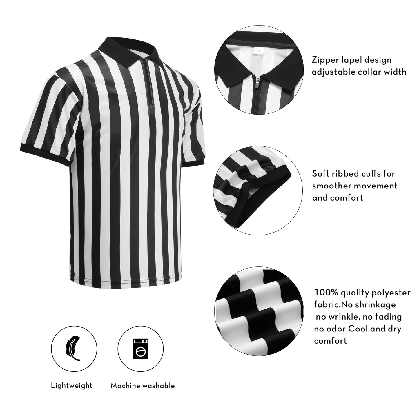 Men’s Referee Shirt Zipper Official Ref Shirt Costume Umpire Jersey for Womens and Mens Basketball Football Halloween Uniform L