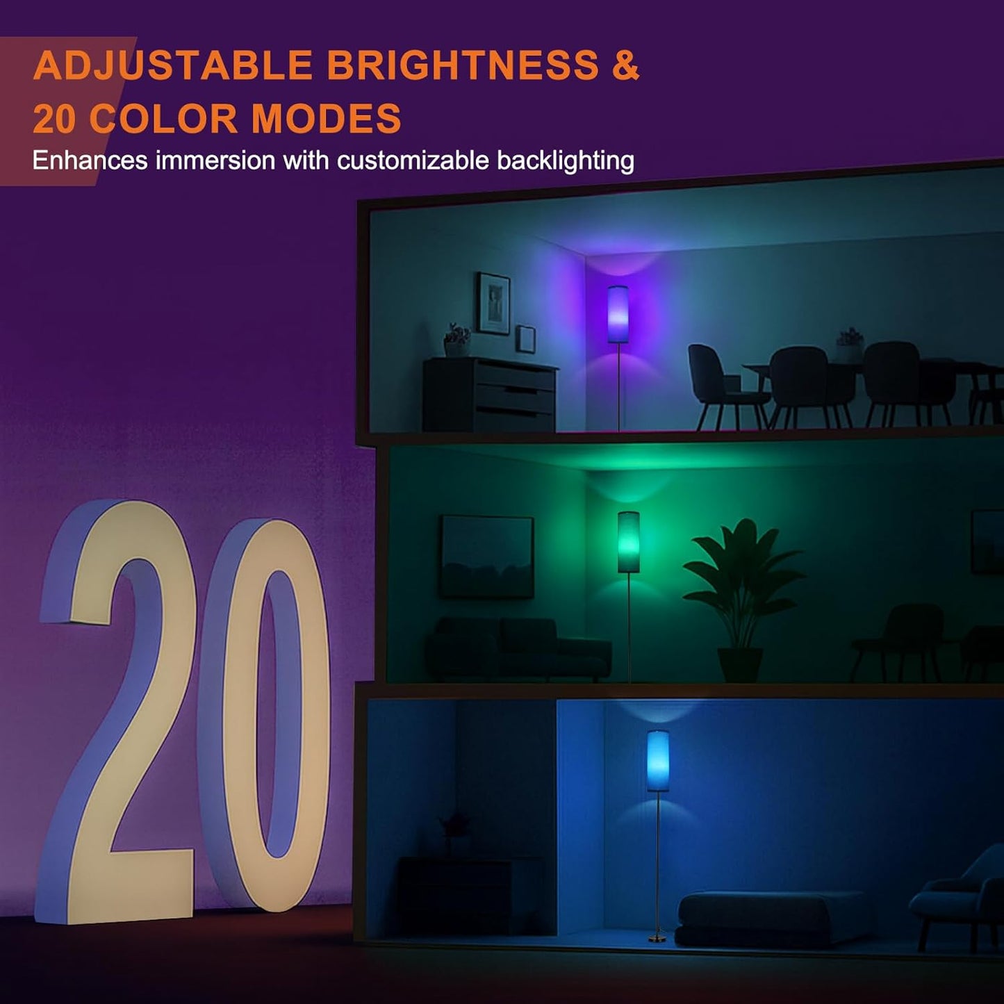 Modern Dimmable Floor Lamp with Remote - RGB Smart Bulb for Living Room, Bedroom & Office