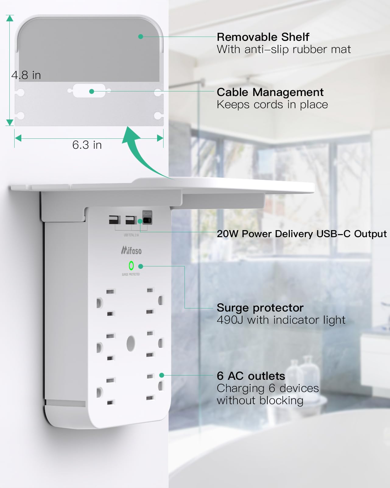 Outlet Extender with Shelf, Mifaso Surge Protector 6 AC Multi Plug Wall Outlets and 3 USB Ports, PD 20W USB-C Charger, Outlet Splitter for Bathroom Home