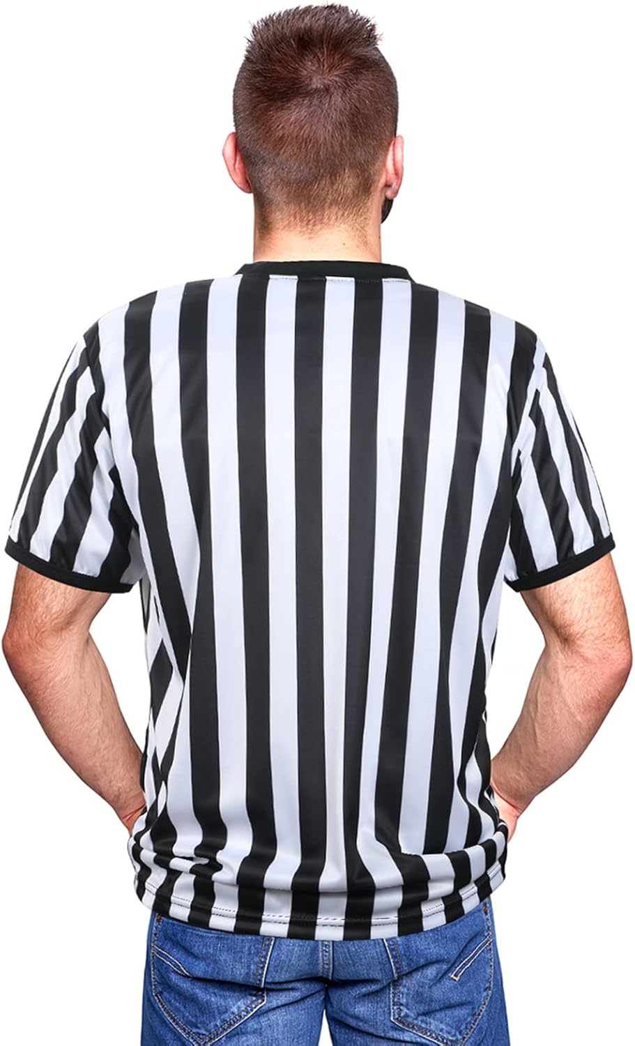 SATINIOR Men's Pro-Style Referee Shirt - Black and White Stripe Jersey with Whistle & Lanyard for Sports