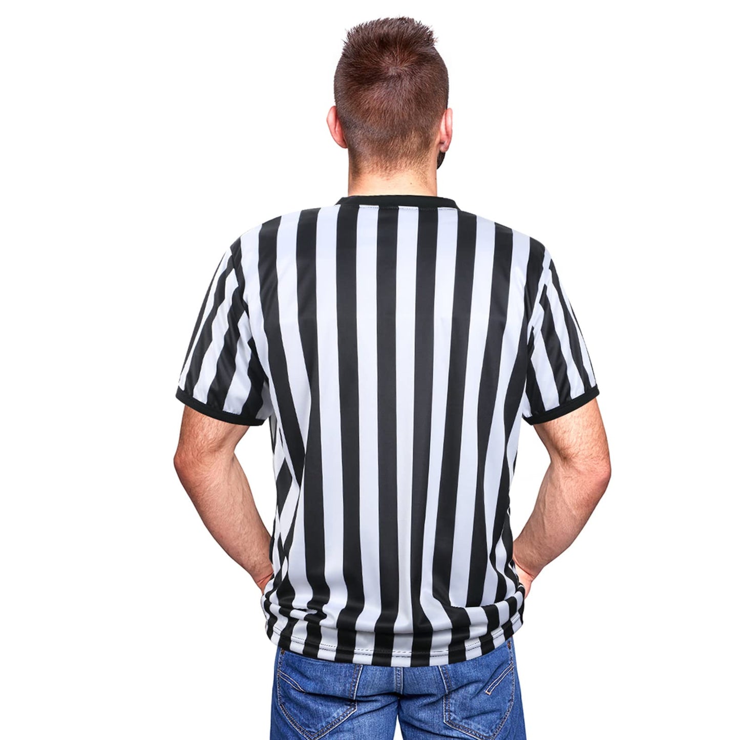 SATINIOR Referee Shirt Official Uniform Black and White Stripe V-Neck Soccer Jersey for Women Men Referee Shirt and Stainless Steel Whistle with Lanyard for Halloween Basketball Football Soccer(XXXL)
