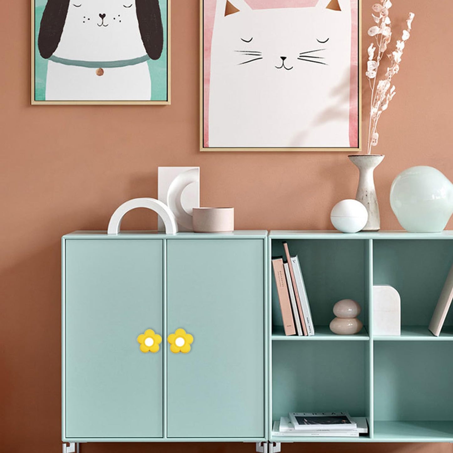 AUXBC 6pcs Yellow Flower Shape Knobs - Soft Rubber Handles, Cabinet Drawer Pulls for Kids' Rooms & Closets, 1.8x1.8x0.85 Inch with Screws