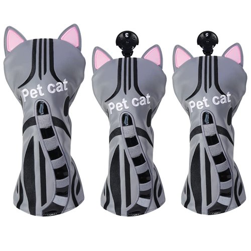 GOLTERS Golf Club Head Cover Cat Putter Headcover Blade Mallet Cover Driver Fairway Wood Elastic Bands Club Protection Fit Oversize Cover (1 3 5 Wood (Grey))